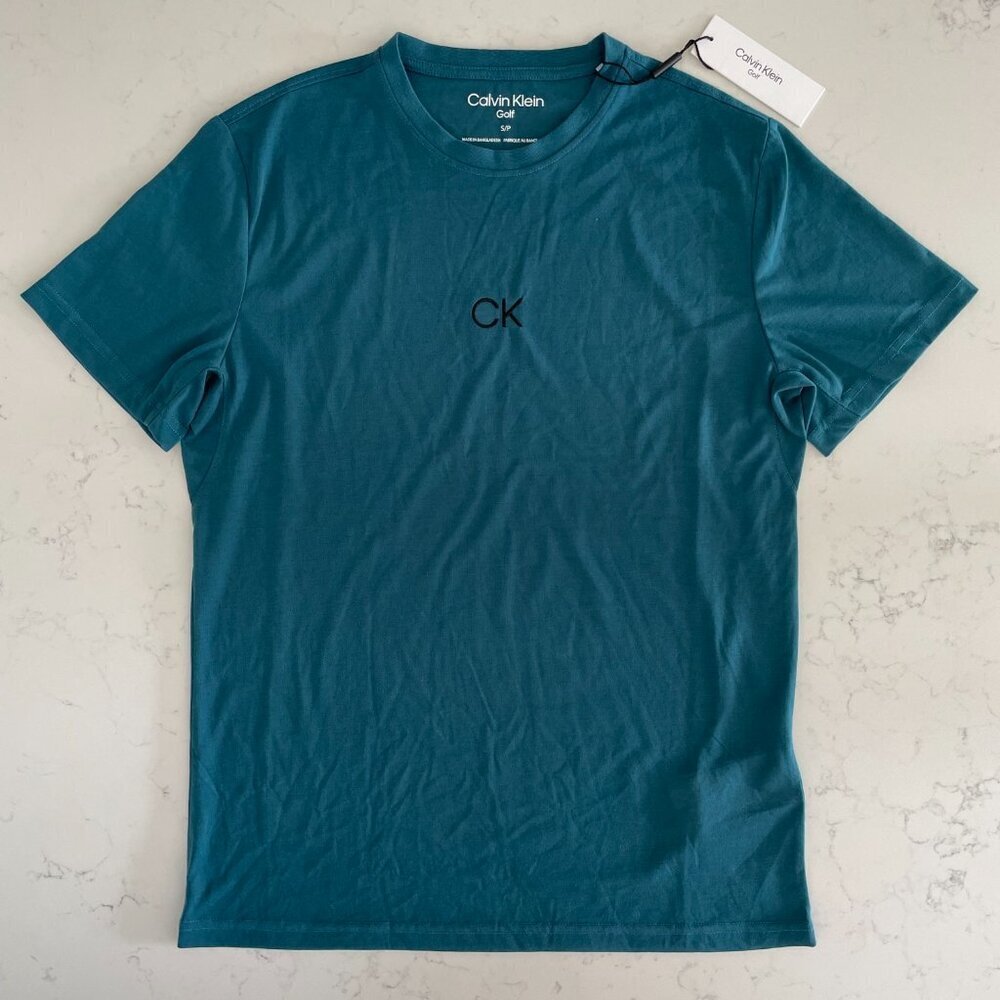 Calvin Klein Golf SS Crew Nk 100% Polyester CK Logo Tech T Shirt Teal Green Sz S - Picture 12 of 12